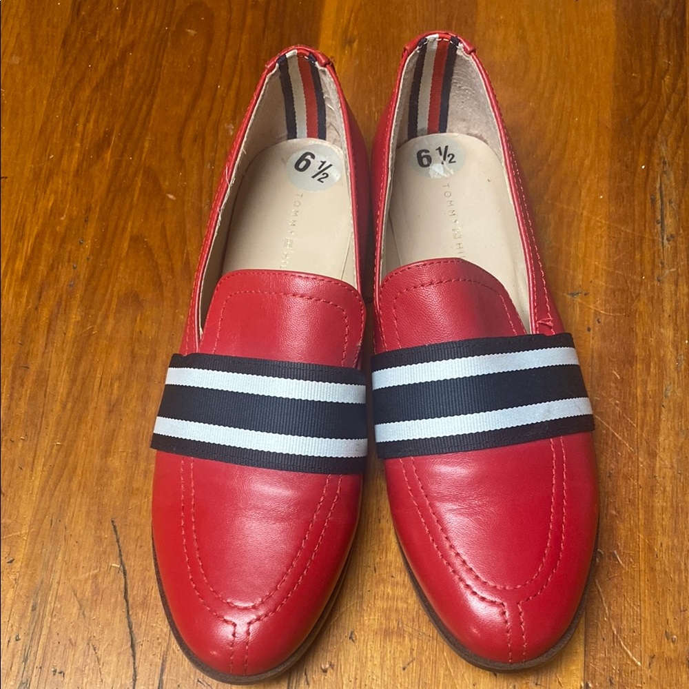 Tommy Hilfiger Red Loafers with Striped Band